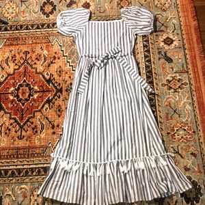 Rare Editions Woven Stripe Tiered Skirt Puff Sleeve Dress